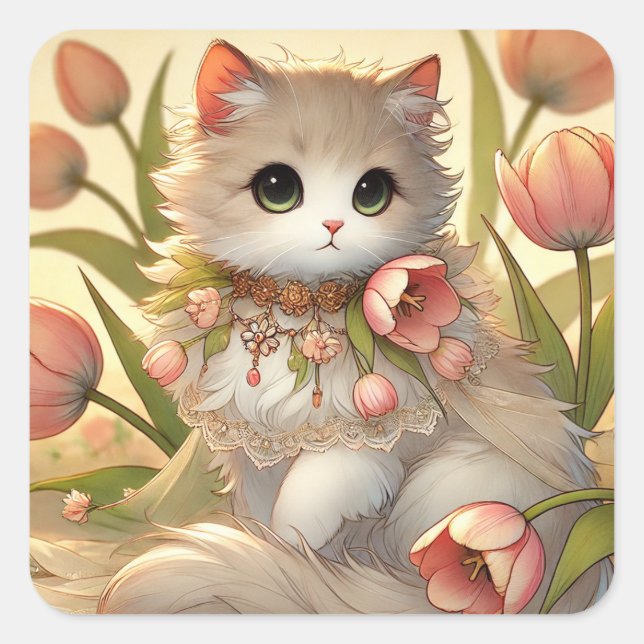 Adesivo Quadrado Primavera Tulip Cat (Frente)