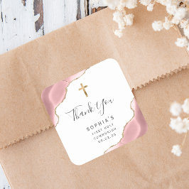 Adesivo Quadrado Primeira Comunhão Blush Gold Agate Agradecimento