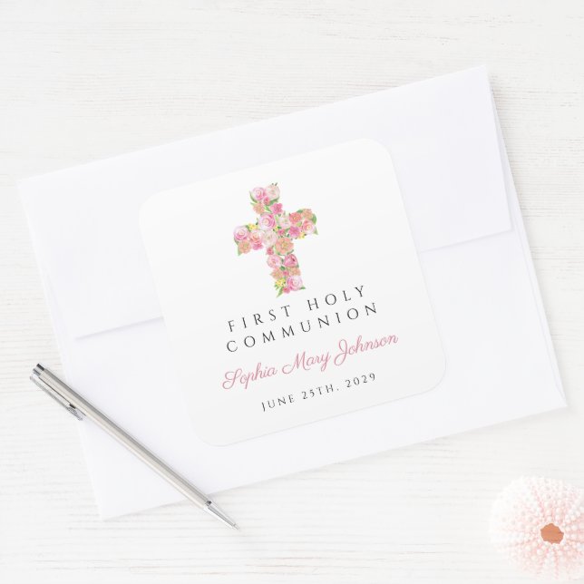 Adesivo Quadrado Primeira Comunhão da Cruz Floral Rosa Elegante (Envelope)