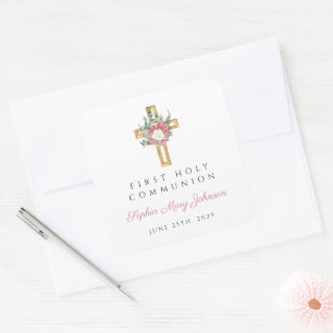 Adesivo Quadrado Primeira Comunhão da Elegante Floral Cross Girl