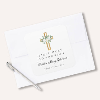Adesivo Quadrado Primeira Comunhão do Floral Branco Elegante