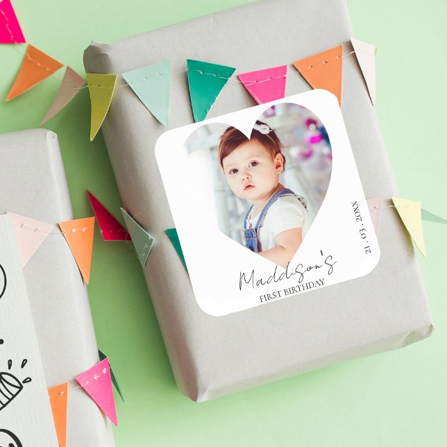 Adesivo Quadrado Primeira Festa de aniversário de Fotografia Mínima (Cute Minimalist Photo First Birthday Party Square Sticker)
