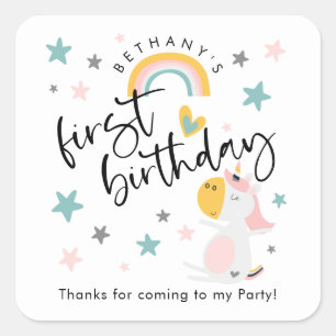 Adesivo Quadrado Primeiro aniversario Bonito de Garota Unicórica Ob