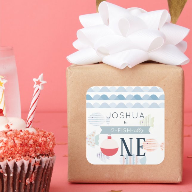 Adesivo Quadrado Primeiro aniversario branco de um único pescador (Festa)