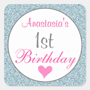 Adesivo Quadrado primeiro aniversario Brilhante Rosa Brilhante e Az
