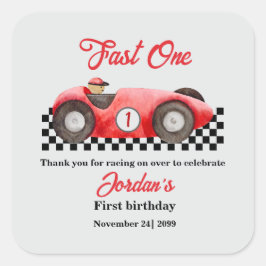 Adesivo Quadrado Primeiro Aniversário - Carro Vermelho Rápido Um