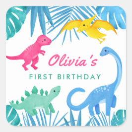 Adesivo Quadrado Primeiro aniversario Colorido da Menina Dinossauro