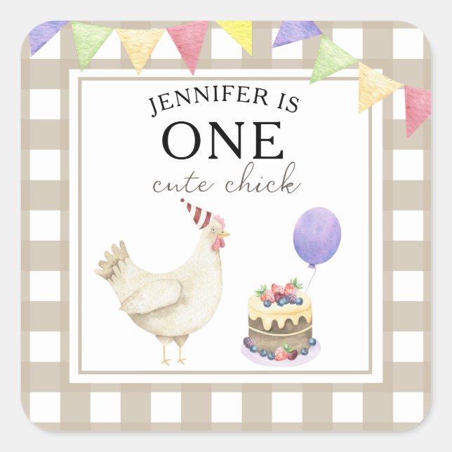 Adesivo Quadrado Primeiro aniversario de Pintinho de Aquarela (Frente)