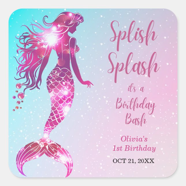 Adesivo Quadrado Primeiro aniversario de Splash Smermaid Baby Girl (Frente)