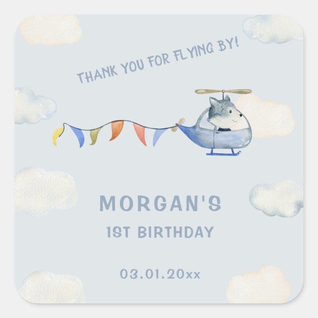 Adesivo Quadrado Primeiro Aniversário do Lobo Fofado do Helicóptero (Frente)