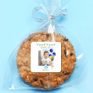 Adesivo Quadrado Primeiro Aniversário do Menino Foto Balão Azul Dou