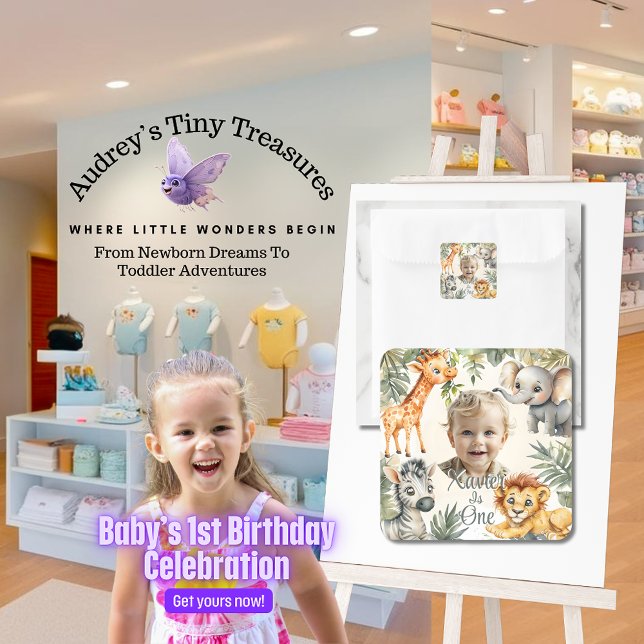 Adesivo Quadrado Primeiro Aniversário do Menino - Selva Safari Stic (Criador carregado)