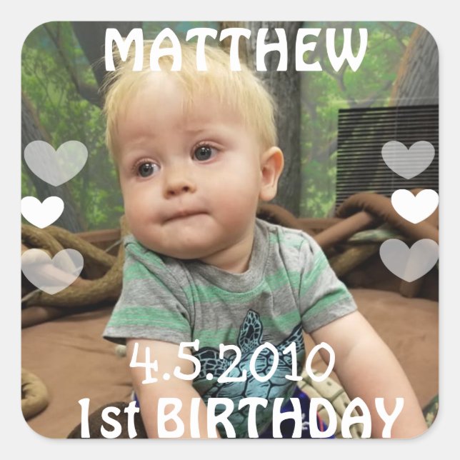 Adesivo Quadrado Primeiro Aniversário do Pau de Foto (Frente)