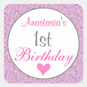 Adesivo Quadrado primeiro aniversario Lilac Roxo Rosa Brilhante