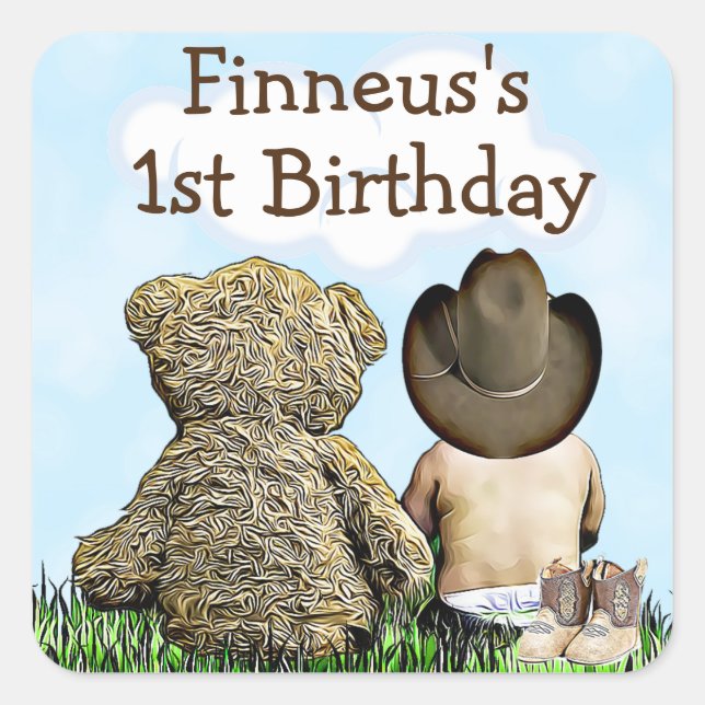 Adesivo Quadrado Primeiro Aniversário Personalizado Cowboy e Urso d (Frente)