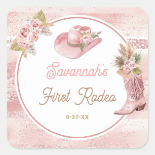 Adesivo Quadrado Primeiro aniversario Rosa Boho Primeiro Rodeio