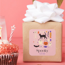 Adesivo Quadrado Primeiro aniversario Rosa Spooky One Halloween Mot