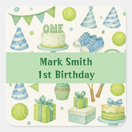 Adesivo Quadrado primeiro aniversario tênis para os temas azul e ve