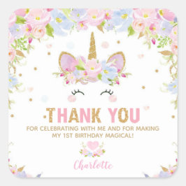 Adesivo Quadrado Primeiro aniversario Unicorn Obrigado Favorecer Et