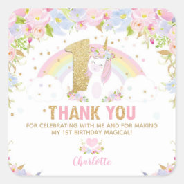Adesivo Quadrado Primeiro aniversario Unicorn Obrigado Favorecer Et