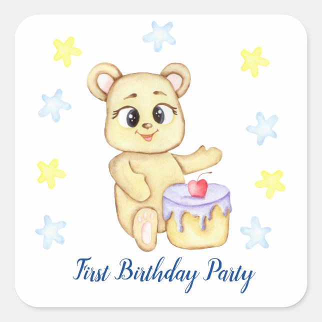 Adesivo Quadrado Primeiro Festa de Criança de Aniversário positivo (Frente)