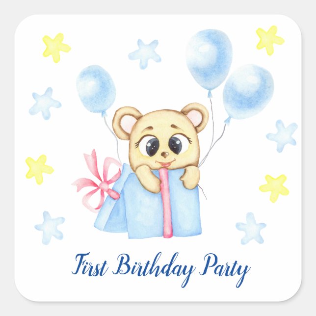 Adesivo Quadrado Primeiro Festa de Criança de Aniversário positivo (Frente)