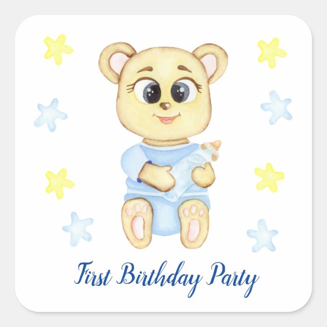 Adesivo Quadrado Primeiro Festa de Criança de Aniversário positivo (Frente)