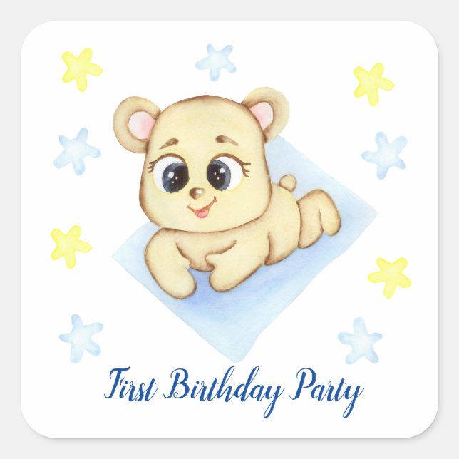 Adesivo Quadrado Primeiro Festa de Criança de Aniversário positivo (Frente)