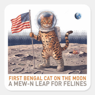 Adesivo Quadrado Primeiro Gato Bengal na Lua - Felino Espacial Retr