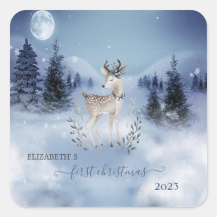 Adesivo Quadrado Primeiro Natal, Bambi, Paisagem de Inverno