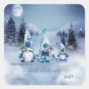Adesivo Quadrado Primeiro Natal,Cena de Inverno,Gnomos Azuis