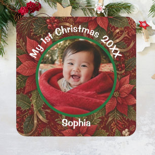 Adesivo Quadrado Primeiro Natal da Bebê Floral Carmesim Foto Nome A