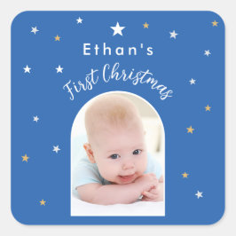 Adesivo Quadrado Primeiro Natal do Bebê Arco Personalizado Foto Azu