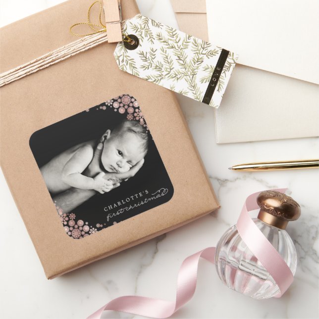 Adesivo Quadrado Primeiro Natal do Bebê Flocos de Neve de Inverno F (Presentear)