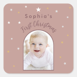 Adesivo Quadrado Primeiro Natal do Bebê Foto Personalizada Rosa Poe