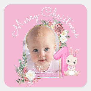 Adesivo Quadrado Primeiro Natal Rosa Menina Bebê Foto floral