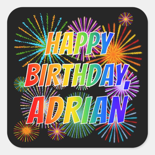 Adesivo Quadrado Primeiro nome "ADRIAN", Diversão "FELIZ ANIVERSÁRI (Frente)