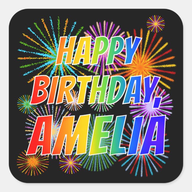 Adesivo Quadrado Primeiro nome "AMELIA", Diversão "FELIZ ANIVERSÁRI (Frente)