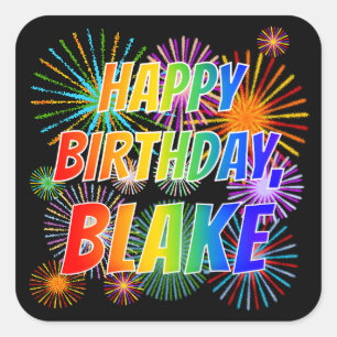 Adesivo Quadrado Primeiro nome "BLAKE", Diversão "FELIZ ANIVERSÁRIO