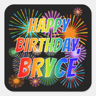 Adesivo Quadrado Primeiro nome "BRYCE", Diversão "FELIZ ANIVERSÁRIO