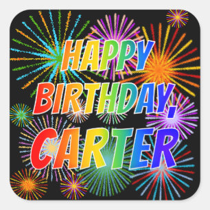 Adesivo Quadrado Primeiro nome "CARTER", "FELIZ ANIVERSÁRIO"