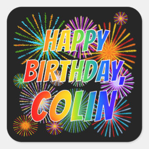 Adesivo Quadrado Primeiro nome "COLIN", "FELIZ ANIVERSÁRIO"