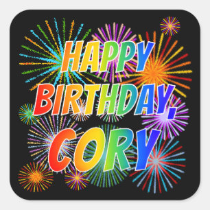 Adesivo Quadrado Primeiro nome "CORY", "FELIZ ANIVERSÁRIO"