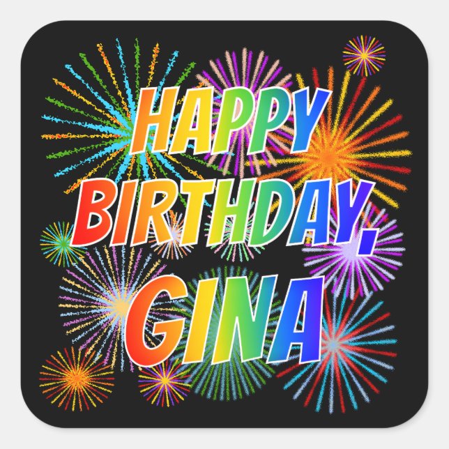 Adesivo Quadrado Primeiro nome "GINA", Diversão "FELIZ ANIVERSÁRIO" (Frente)