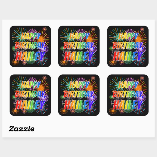 Adesivo Quadrado Primeiro nome "HAILEY", Diversão "FELIZ ANIVERSÁRI (Folha)