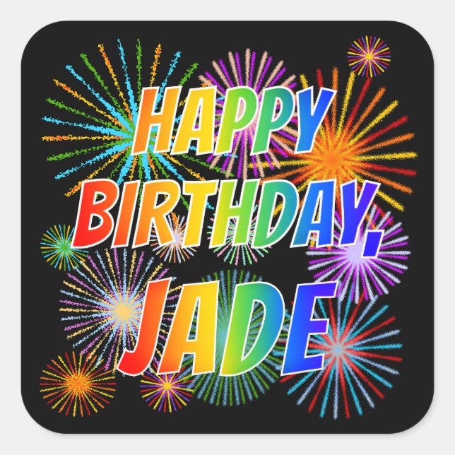 Adesivo Quadrado Primeiro nome "JADE", Diversão "FELIZ ANIVERSÁRIO" (Frente)