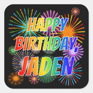 Adesivo Quadrado Primeiro nome "JADEN", Diversão "FELIZ ANIVERSÁRIO