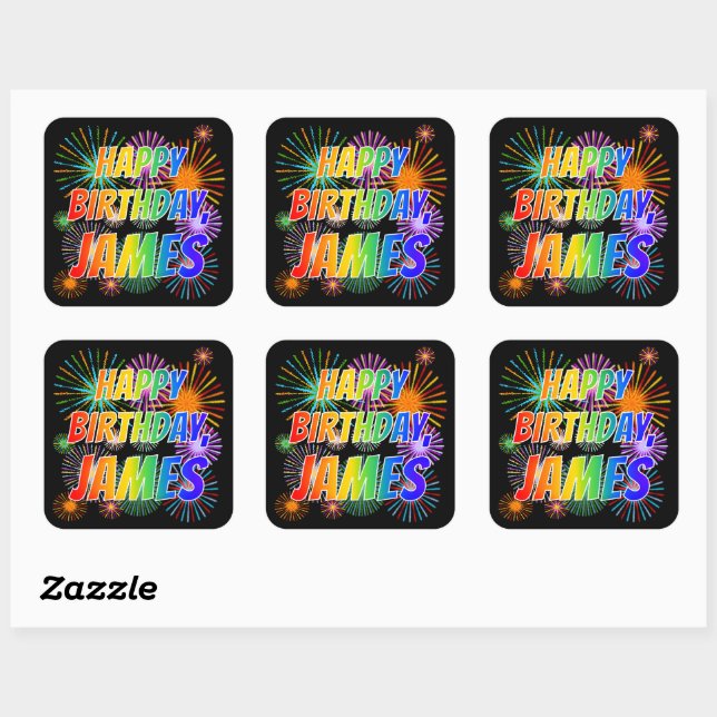 Adesivo Quadrado Primeiro nome "JAMES", Diversão "FELIZ ANIVERSÁRIO (Folha)