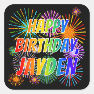 Adesivo Quadrado Primeiro nome "JAYDEN", Diversão "FELIZ ANIVERSÁRI