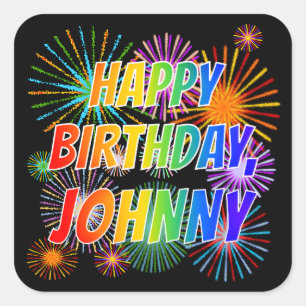 Adesivo Quadrado Primeiro nome "JOHNNY", Diversão "FELIZ ANIVERSÁRI
